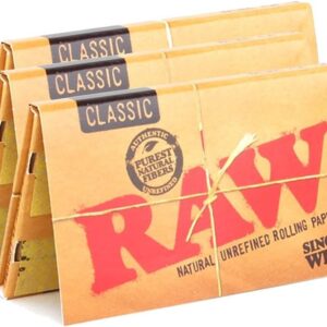 RAW Classic Natural Unrefined Rolling Paper 70mm Single Wide Size - 100 Leaves Per Pack - (3 Packs)