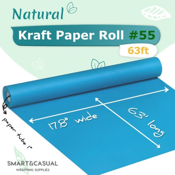 SMART&CASUAL 17.8" x 760" (63') Lake Blue Kraft Craft Paper Roll for Gift Wrapping Bulletin Board Bouquet Flower Kids Art Packing Parcel Table Covering 80GSM 55LB (Lake Blue, 17.8" x 63') - Image 2