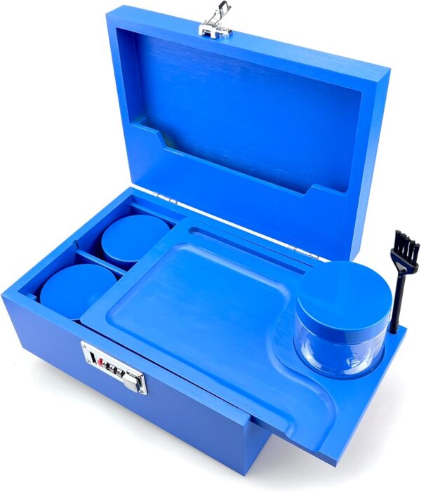 Large Stash Box with Rolling Tray with Combination Lock 3 Jars & brush,Home Gifts Locking Storage Bamboo Box Storage (Blue)
