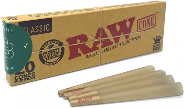RAW Cones Classic King Size - 20 Pack - Pre Rolled RAWthentic Cones Rolling Papers with Tips, All Natural, Green Blazer Sticker - Image 3