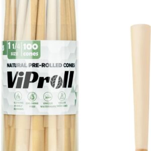 Pre Rolled Cones 1 1/4 Size 100 Pack, Natural Unbleached Rolling Papers with W-shaped Tips, Slow & Even Burning Preroll Cones Packing Tubes Included for Party Gift (84mm)