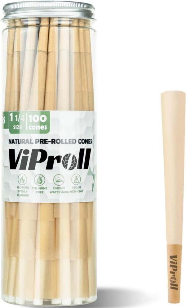 Pre Rolled Cones 1 1/4 Size 100 Pack, Natural Unbleached Rolling Papers with W-shaped Tips, Slow & Even Burning Preroll Cones Packing Tubes Included for Party Gift (84mm)