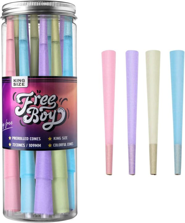 Free Boy 72 Pack Colorful Pre Rolled Cones,King Size Cones Rolling Papers with Tips,Vegan & Smooth Burning - Image 2