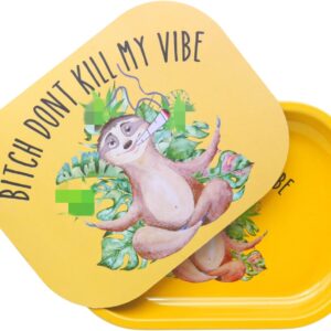 Rolling Tray with Magnetic Lid - Btch Don't Kill My Vibe Cover, Small Metal Trays Funny Cute Sloth Gifts 7'' x 5.5''