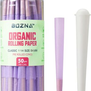 Pre Rolled Cones | Organic Rolling Papers | 50ct 1 1/4 Size with Tips - Slow Burn, Sturdy Natural Gum Seal, Ultra Thin with Plastic Cone in Popular Colors (Purple, 1 1/4 Size)