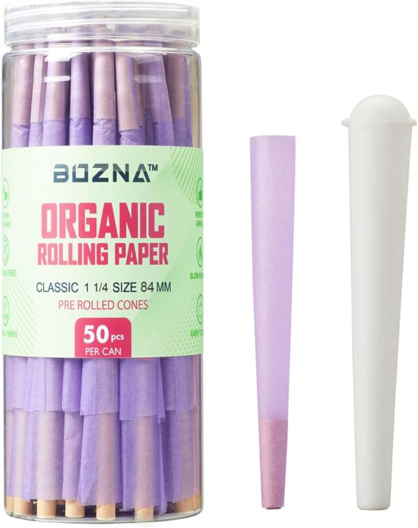 Pre Rolled Cones | Organic Rolling Papers | 50ct 1 1/4 Size with Tips - Slow Burn, Sturdy Natural Gum Seal, Ultra Thin with Plastic Cone in Popular Colors (Purple, 1 1/4 Size)