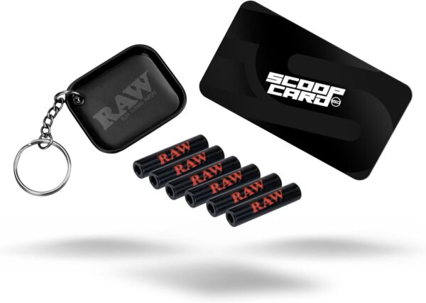 RAW Black Glass Rolling Tips - 6 Pack + Limited Edition RAW Tiny Matte Black Murder'd Tray Key Chain and Scoop Card - Reusable, Heat-Resistant, Premium Design