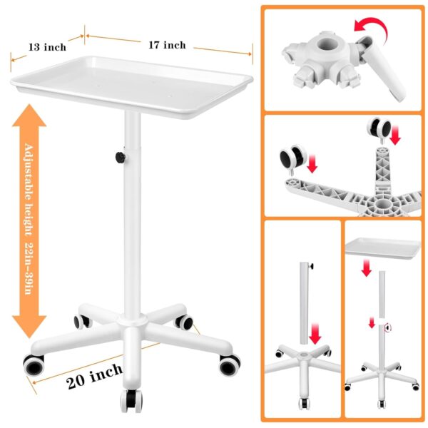 Salon Tray, Salon Rolling Tray with Adjustable Height, Salon Tray on Wheels, Salon Color Tray Ideal Use As Tattoo Tray, Medical Tray and Dental Tray - Image 5