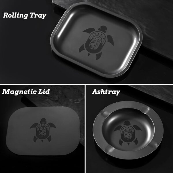 Black Rolling Tray with Magnetic Lid & Cool Ashtray for Outside Patio Outdoor Home Cute Decor,Metal Ash tray Set for Storage or Travel- Set of 3 (Funny Turtle Design) - Image 3