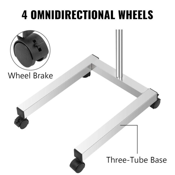 VEVOR Lab Cart, Stainless Steel Mayo Tray Stand 18 x 14 in Trolley Mayo Stand, Adjustable Height 32-51 in Instrument Tray with Removable Tray & 4 Omnidirectional Wheels, Ideal for Home Equipment - Image 3