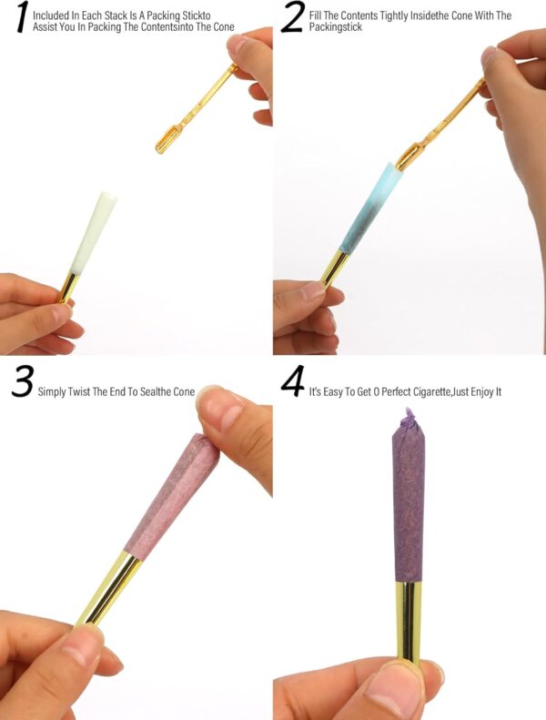 100 PACK Colorful Pre Rolled Cones With Golden Tips, 1 ¼ Size Rainbow Preroll Cones Rolling Papers(Include Loader and Packing Sticks) - Image 6