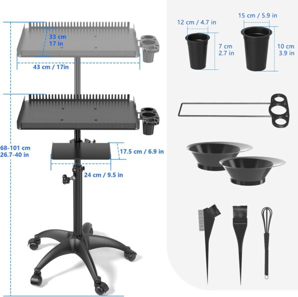 ZHOOGE Hairstylist Rolling Cart, Salon Trolley With Storage Platform and Hair Separator Stand, Coloring Tray With Dye Bowls and Tools, Black - Image 2