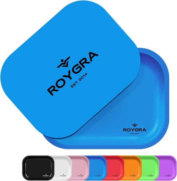 roygra Rolling Tray, Metal Matte Decorative Tray with PVC Soft Magnetic Lid, 7 x 5.5 inch - Blue