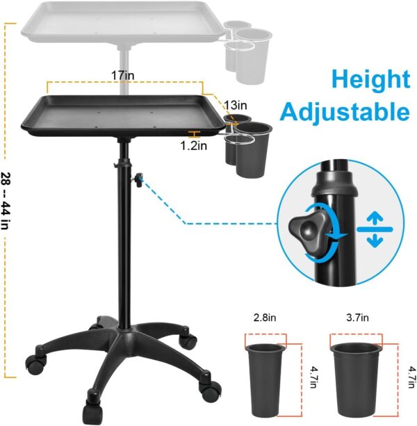 JOSTZHXIN Salon Rolling Tray, Tattoo Tray Rolling Cart, Height Adjustable Styling Tray, Service Storage Tray Trolley for Beauty Salon Clinic Spa,Black-with Cup Holder - Image 3