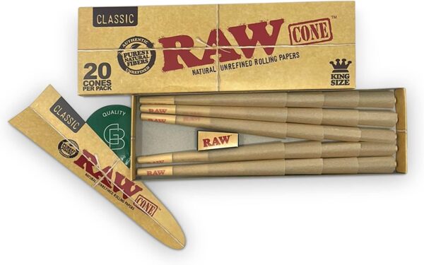 RAW Cones Classic King Size - 20 Pack - Pre Rolled RAWthentic Cones Rolling Papers with Tips, All Natural, Green Blazer Sticker - Image 2