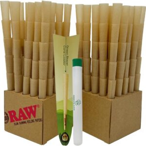 RAW Cones 1 1/4 Size: 250 Pack Rawthentic Slow Burning Pre Rolled Rolling Papers & Tips, Classic Raw Paper, 84mm, Green Blazer Loader