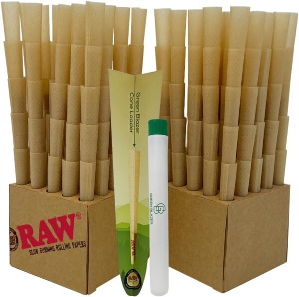 RAW Cones 1 1/4 Size: 250 Pack Rawthentic Slow Burning Pre Rolled Rolling Papers & Tips, Classic Raw Paper, 84mm, Green Blazer Loader