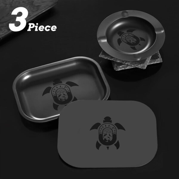 Black Rolling Tray with Magnetic Lid & Cool Ashtray for Outside Patio Outdoor Home Cute Decor,Metal Ash tray Set for Storage or Travel- Set of 3 (Funny Turtle Design) - Image 4