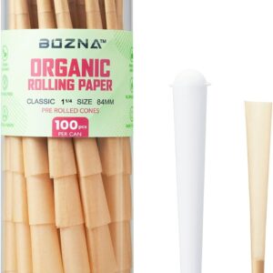 Pre Rolled Cones 1 1/4 Size Organic Rolling Papers with Tips 100 ct - Slow Burn, Sturdy Natural Gum Seal, Ultra Thin with Plastic Cone. Unbleached Rolling Cones in Natural Color (1 1/4 Size)