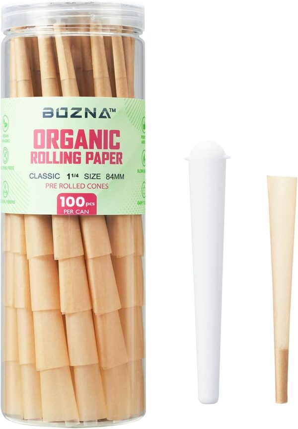 Pre Rolled Cones 1 1/4 Size Organic Rolling Papers with Tips 100 ct - Slow Burn, Sturdy Natural Gum Seal, Ultra Thin with Plastic Cone. Unbleached Rolling Cones in Natural Color (1 1/4 Size)