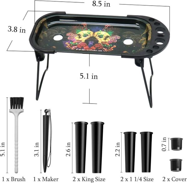 Metal Rolling Tray with Cone Loader Set 8.5 x 3.8 Inch, for King Size and 1 1/4 Size Cones Rolling Paper, Pre Roll Machine, Foldable Stand Rolling Table with Cone Filler, Brush, Tools - Image 5