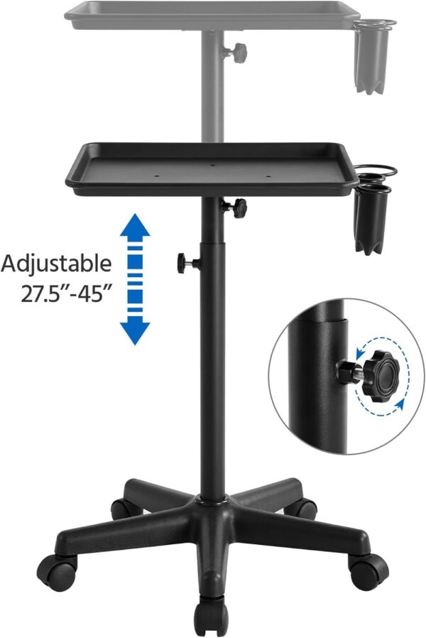 Yaheetech Rolling Salon Tray - Aluminum Trolley Cart Equipment on Wheels & Adjustable Height Mobile Beauty Salon Spa Stools Service Instrument Storage Tray w/Accessory Caddy - Black - Image 7