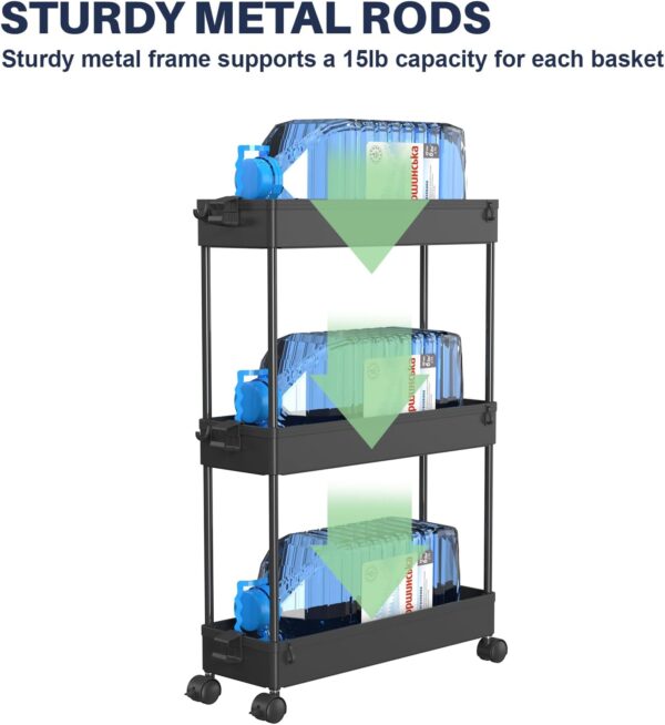 SPACELEAD 3 Tier Rolling Cart with Wheels, Storage Craft Art Trolley Organizer Serving, 3 Hanging Baskets Easy Assembly, for Office, Living Room, Kitchen, Black - Image 5