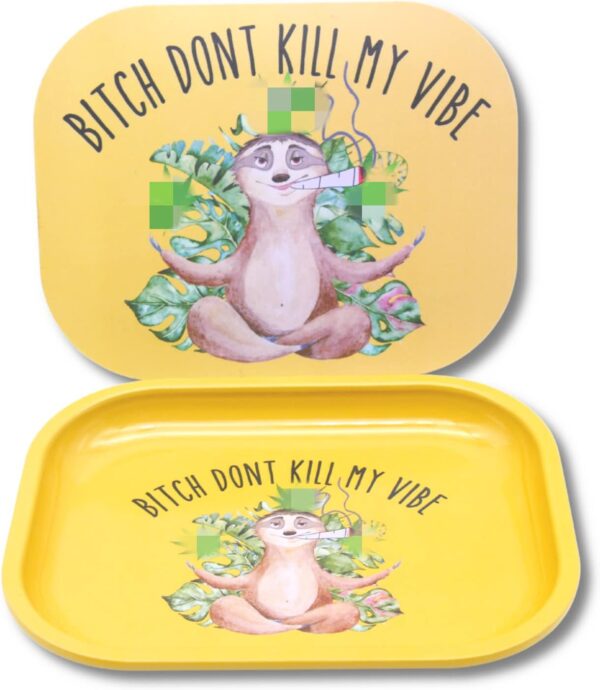Rolling Tray with Magnetic Lid - Btch Don't Kill My Vibe Cover, Small Metal Trays Funny Cute Sloth Gifts 7'' x 5.5'' - Image 2
