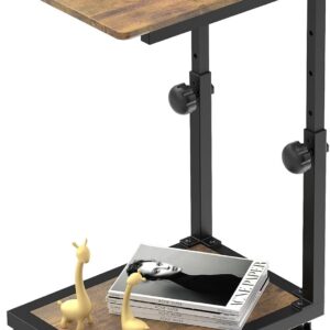 C Shaped End Table with Rolling Wheels, Height Adjustable Sofa Side Table for Small Space Bedroom, Industrial TV Tray Couch Table Cart for Living Room, Retro Brown & Black