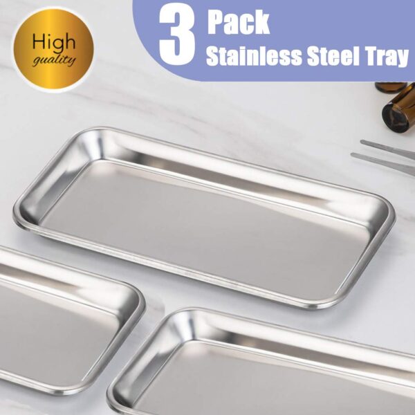 3 Pack Professional Medical Surgical Stainless Steel Dental Procedure Tray Thickening Lab Instrument Tools Trays -Flat Type (8.6" * 4.3" * 0.8", 3) - Image 2