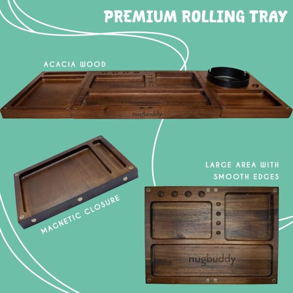 Wooden Rolling Tray - 3 in 1 Folding Design Set with Magnetic Lid - Big & Small Trays + Removable Metal Tray - Portable Accessory Kit for Car, Travel & Home - Premium Acacia Wood - Image 5