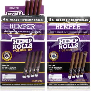 Pre-Rolled Mini Size Hemp Rolls with Reusable Glass Tips - 4PK | 12ct Display | Hand-Rolled, Natural Hemp Paper Rolls in Protective Case for Smooth, Clean Burn and Freshness - (Grape)