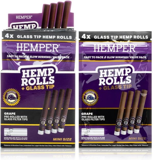 Pre-Rolled Mini Size Hemp Rolls with Reusable Glass Tips - 4PK | 12ct Display | Hand-Rolled, Natural Hemp Paper Rolls in Protective Case for Smooth, Clean Burn and Freshness - (Grape)