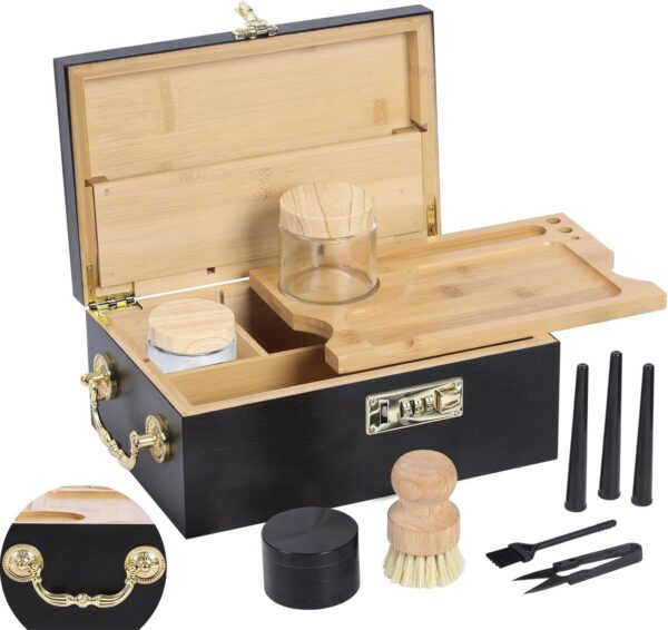 Bamboo Box Tray Set with Combination Lock, Decorative Box with Accessories,Tray and Glass Jars, Lockable Decorative Box Set with Exquisite Handles,Ideal for Home Storage and Great Gift(Black)