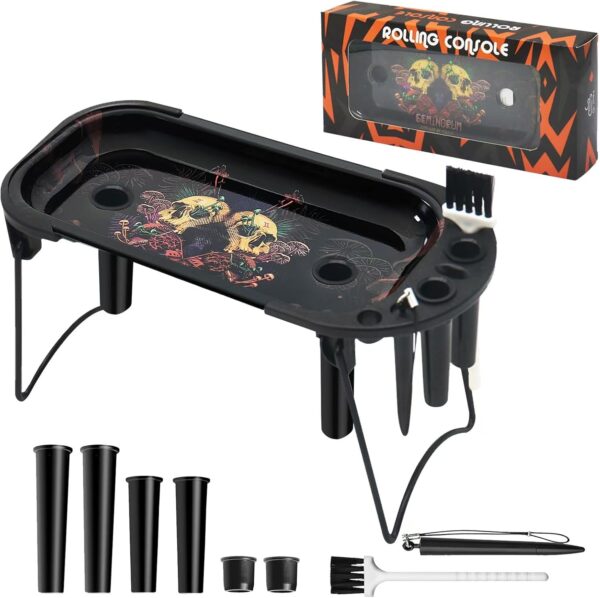 Metal Rolling Tray with Cone Loader Set 8.5 x 3.8 Inch, for King Size and 1 1/4 Size Cones Rolling Paper, Pre Roll Machine, Foldable Stand Rolling Table with Cone Filler, Brush, Tools
