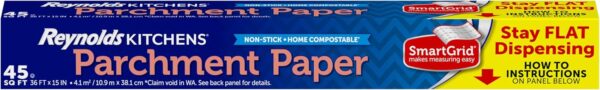 Reynolds Kitchens Stay Flat Dispensing Parchment Paper for Baking and Roasting, Parchment Paper Roll, Great for Baking and Rolling Dough, Non-stick, Reusable Up to 3x, 45 Sq. Ft.