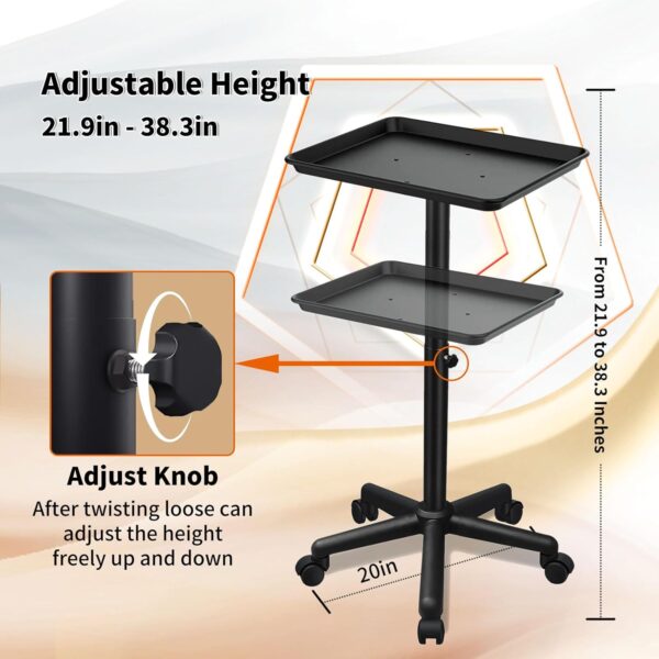 Salon Tray on Wheels, Black Salon Tray Cart with Adjustable Height, Tattoo Rolling Tray, Metal Service Instrument Storage Tray for Salon&Home Use - Image 3