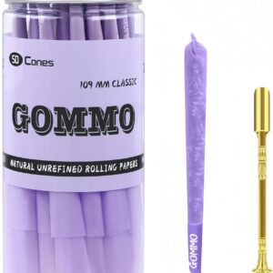 GOMMO 50 Pack Pre Rolled Cones King Size Cones Rolling Paper 109mm Natural Purple Rolling Papers with Golden Packing Spoon Included