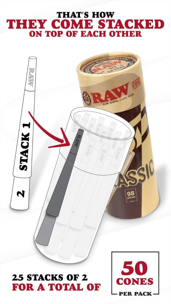 RAW Cones Classic 98 Special - 50 Pack - Slow Burning Pre Rolled Cones with Tips & Packing Tubes Included - Rolling Papers - Image 2