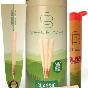RAW Cones Classic King: 50 Pack Patented Slow Burning Cones Rolling Papers with Tips, All Natural RAW Paper, 109mm, Green Blazer Preroll Loader