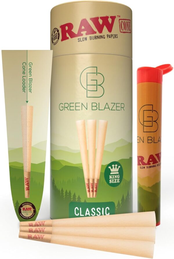 RAW Cones Classic King: 50 Pack Patented Slow Burning Cones Rolling Papers with Tips, All Natural RAW Paper, 109mm, Green Blazer Preroll Loader