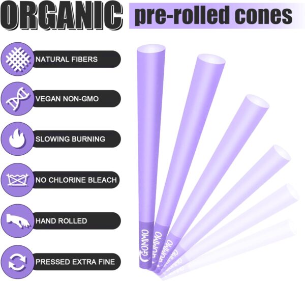 GOMMO 50 Pack Pre Rolled Cones King Size Cones Rolling Paper 109mm Natural Purple Rolling Papers with Golden Packing Spoon Included - Image 3