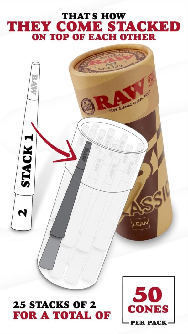 RAW Cones Lean Size Classic - 50 Pack -Slow Burning Rolling Cones with Tips - Image 2