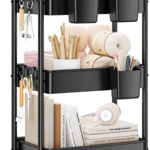 YASONIC 3 Tier Rolling Cart - Metal Utility Cart with Wheels, Hanging Cups, Hooks, Heavy Duty Mesh Rolling Storage Cart Organizer, Craft Cart for Kitchen Office, Lightweight and Sturdy