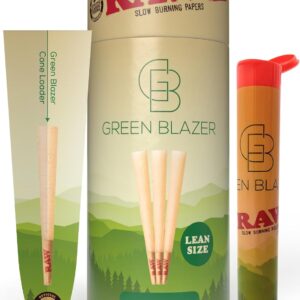 Raw Cones Classic Lean: 50 Pack Slim Pre Rolled Cones Rolling Papers and Tips, Rawthentic Slow Burning, 109mm Unbleached, Green Blazer Loader & Packing Sticks