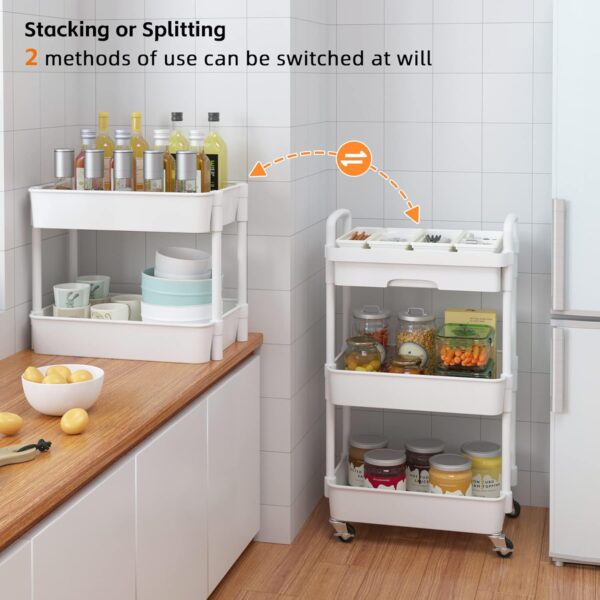 Calmootey 3-Tier Rolling Utility Cart with Drawer,Multifunctional Storage Organizer with Plastic Shelf & Metal Wheels,Storage Cart for Kitchen,Bathroom,Living Room,Office,White - Image 7