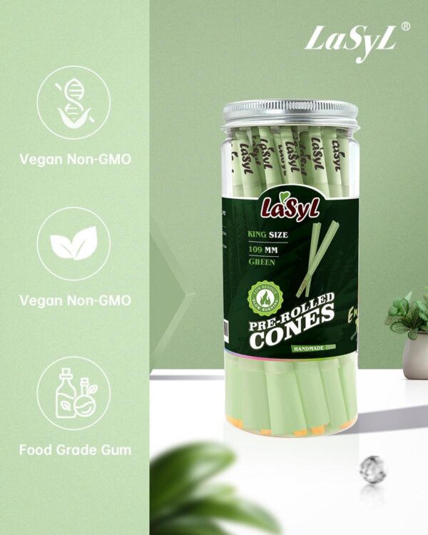 LaSyL Pre Rolled Cones | 100 Pack King Size (Green) | Rolling Paper with Tips and Packing Tubes (4.3inch/109mm) | Burn Slow and Even - Image 3