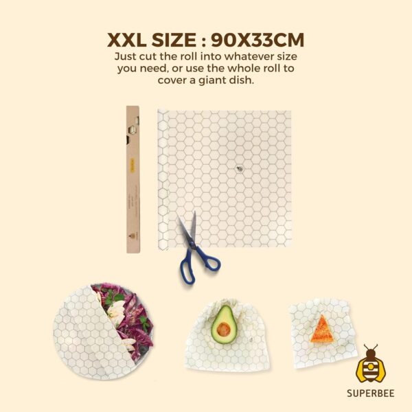 SUPERBEE Beeswax Wrap Roll XL, Reusable Beeswax Wrap for Food, Wrap Roll, Reusable Bees Wrap Paper for Wrapping Vegetables, Cheese Paper, Bowl Covers and Sandwich Wrapping Paper, Hexagonia - 35x13" - Image 3