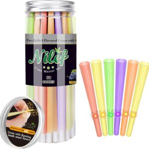 Flavored Pre Rolled Cones | 1 1/4 Size | 60 Pack Colorful Rolling Paper with "W" Filter Tip & Assorted Fruit Flavor Pop Beads | Slow Burn for Easy Filling (K8499B)