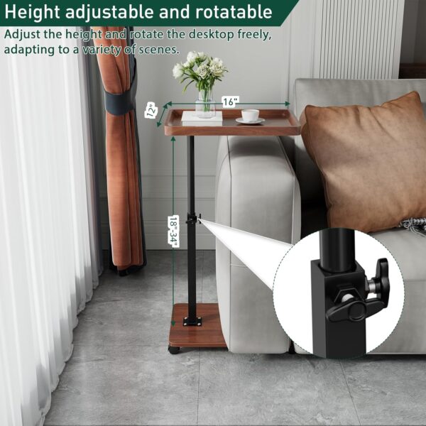 C Table End Table Adjustable Height, 360°Swivel TV Tray Table for Small Spaces, Couch Tables That slide under, C Shaped Side Tables living room and bedroom for Sofa, Bed,Chair, Snack (Walnut Brown) - Image 3